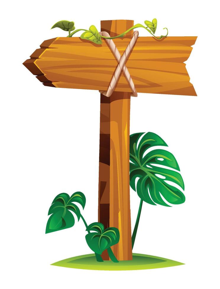 Wooden arrow sign tied with ropes pointing to the left and surrounded by leaves and tropical plants. Cartoon illustration vector