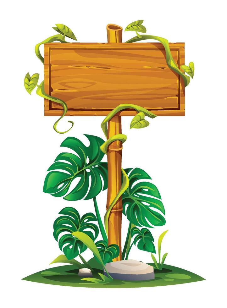 Framed wooden signboard with monstera leaves and lush vines. Cartoon illustration vector