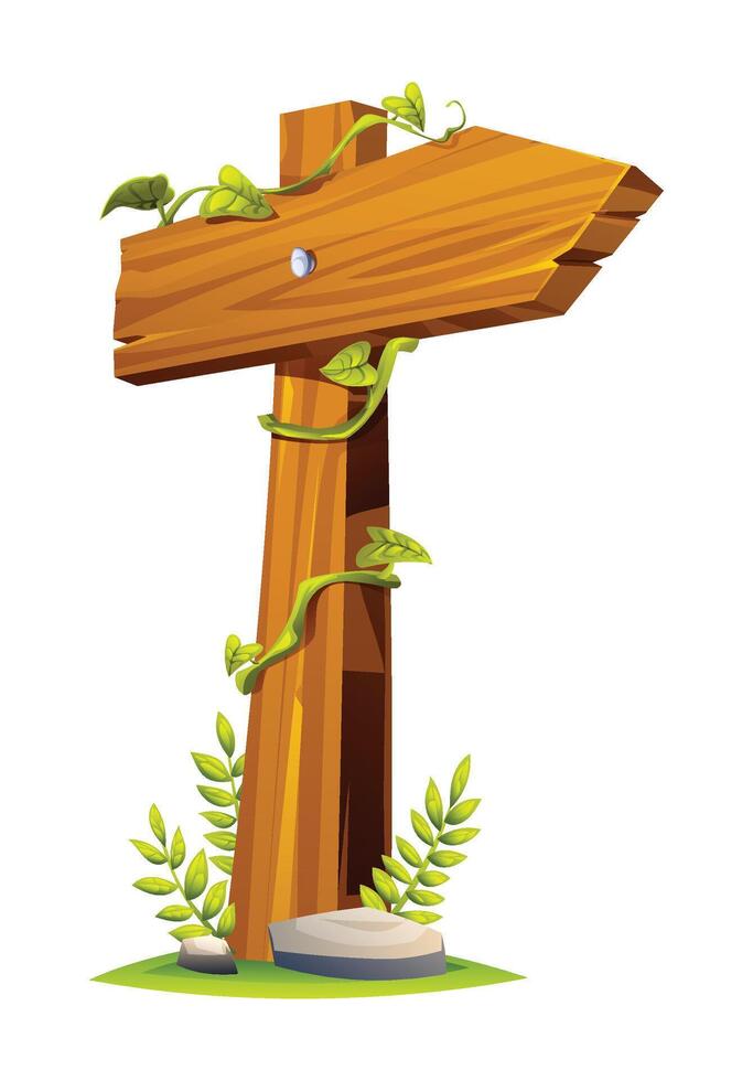 Wooden direction signpost pointing right with vines and tropical plants at the base. Cartoon illustration vector