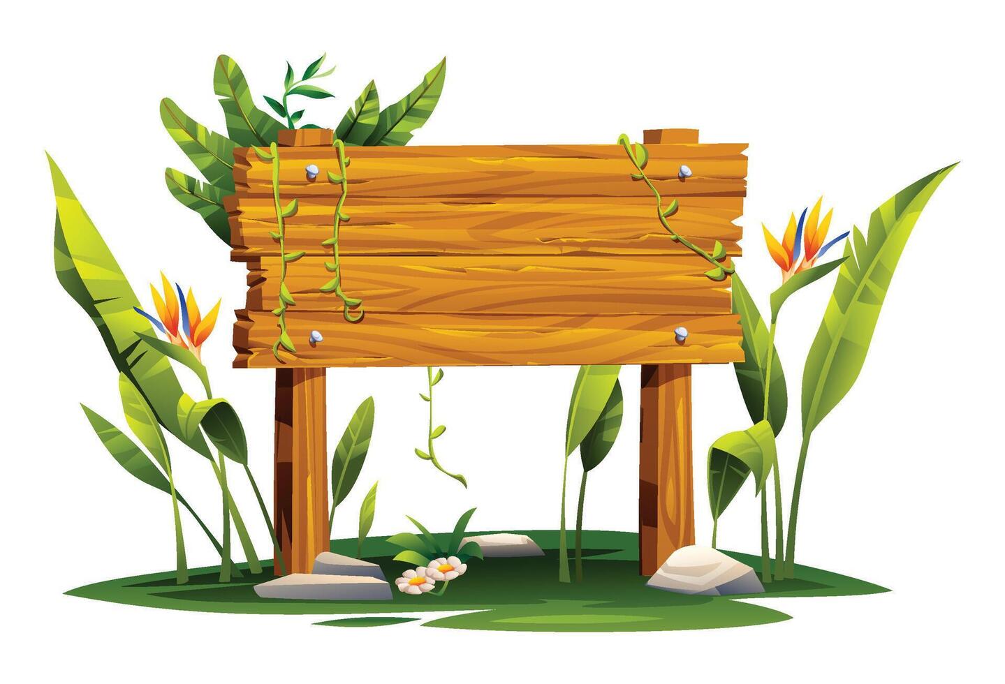Wooden signboard on two posts with bird of paradise flowers and vines. Cartoon illustration vector