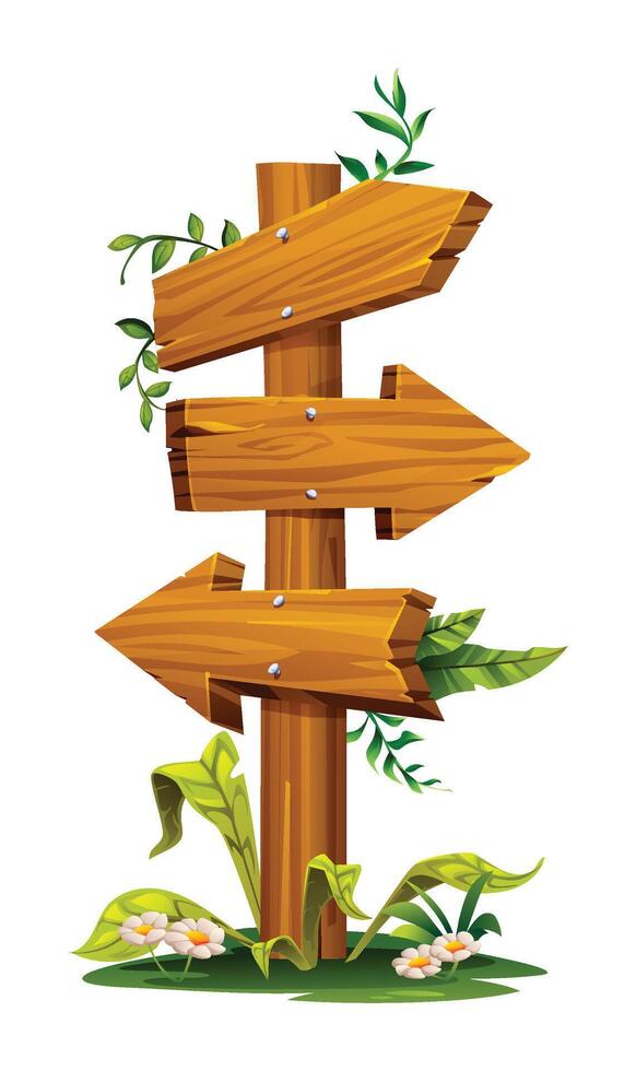Wooden signpost with three arrows pointing in different directions, surrounded by leaves and flowers. Cartoon illustration vector