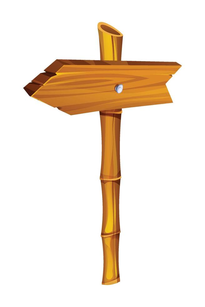 Wooden arrow pointing to the left with bamboo post. Cartoon illustration vector