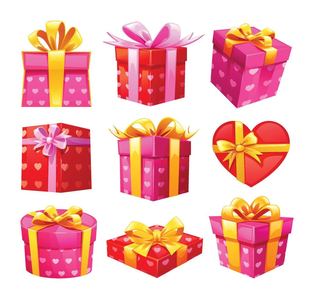 Collection of gift boxes with ribbons, heart shape and patterns, perfect for Valentine's Day. Cartoon illustration vector