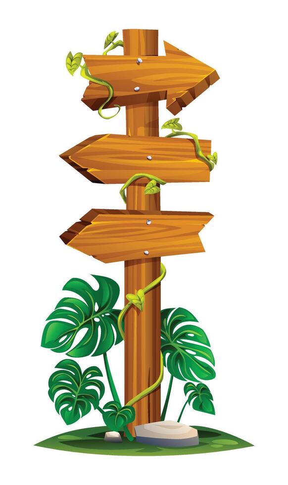 Wooden signpost with three arrows wrapped in vines and surrounded by tropical leaves. Cartoon illustration vector