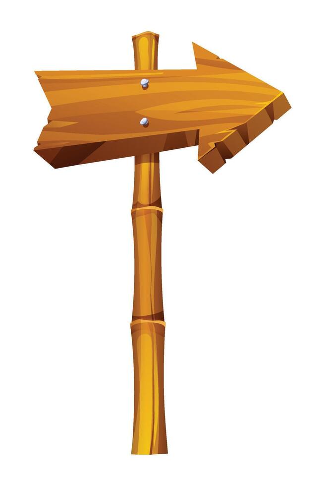 Wooden arrow pointing to the right with bamboo post. Cartoon illustration vector