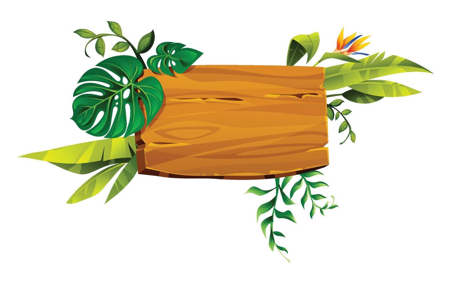 Wooden board decorated with monstera and bird of paradise leaves in a lush tropical style. Cartoon illustration vector