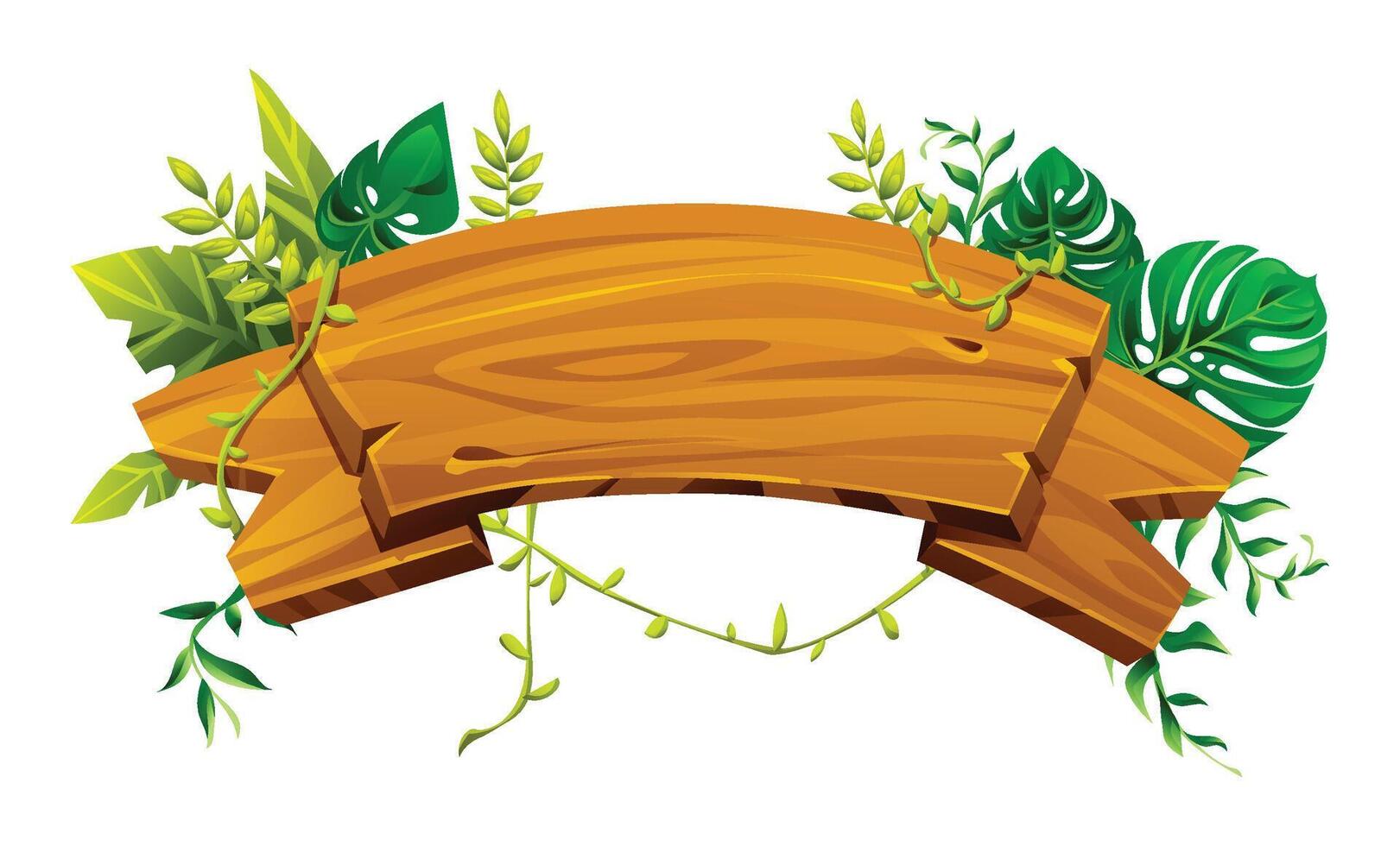 Tropical wooden banner with monstera and vine leaves creating a lush border. Cartoon illustration vector