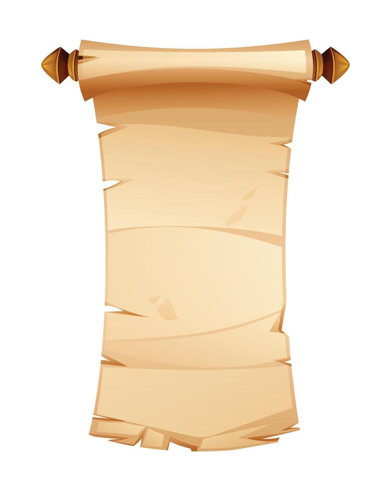 Old parchment scroll with wooden rods and torn edges for text or decoration purposes. Cartoon illustration vector
