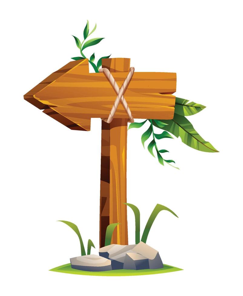 Wooden arrow signpost tied with rope, surrounded by tropical leaves and grass. Cartoon illustration vector