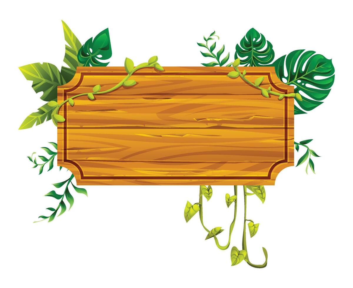 Wooden board with tropical leaves and hanging vines, perfect for decoration. Cartoon illustration vector