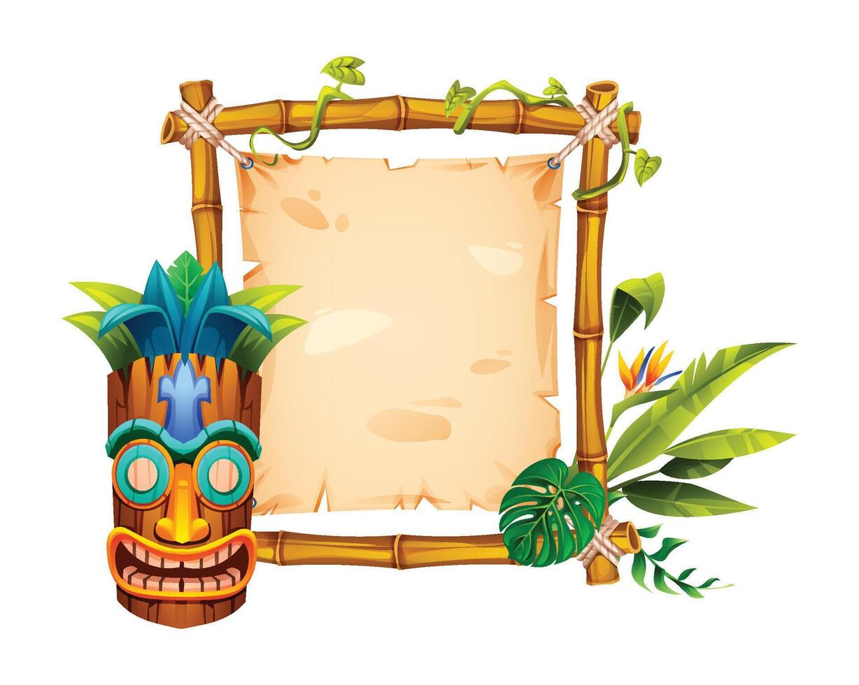 Decorative bamboo frame with tiki mask, tropical leaves and blank parchment. Cartoon illustration vector