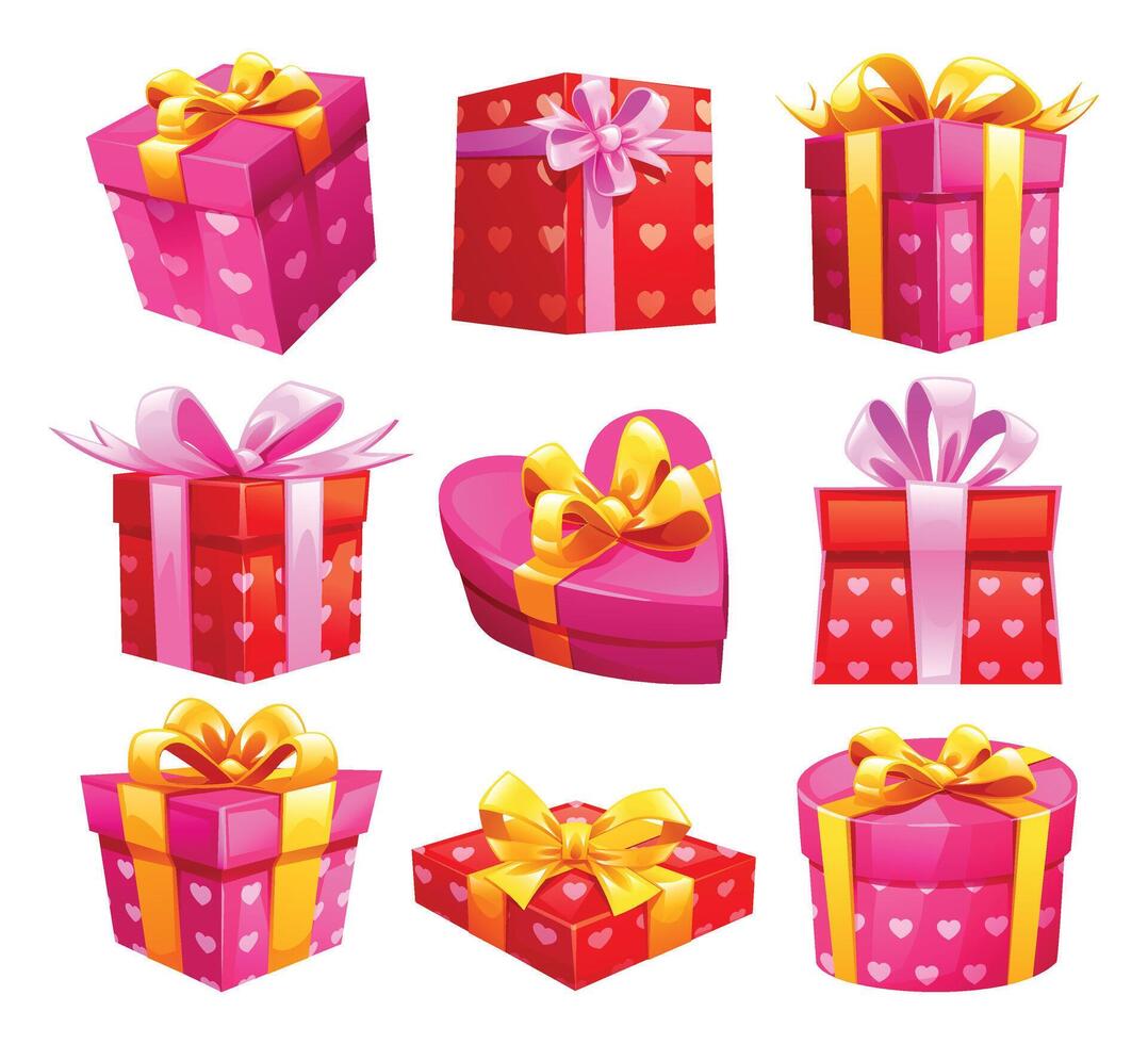Set of gift boxes with ribbons, heart shape and patterns, perfect for Valentine's Day. Cartoon illustration vector