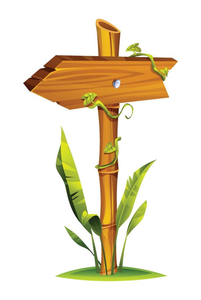 Wooden direction with bamboo post pointing left, surrounded by tropical plants and hanging vines. Cartoon illustration vector