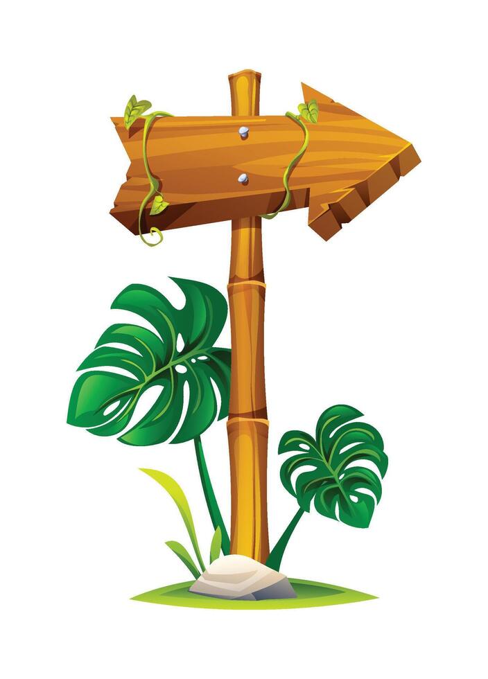 Wooden direction with bamboo post pointing right, surrounded by lush tropical plants and hanging vines. Cartoon illustration vector