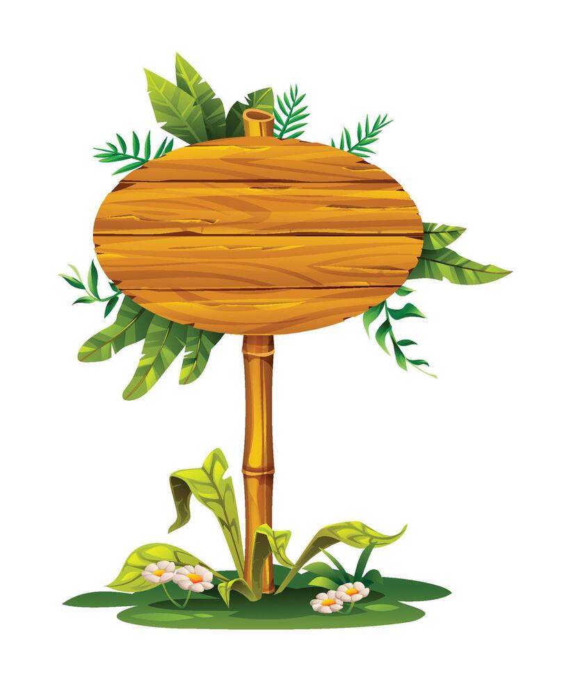 Oval wooden signboard on bamboo stand surrounded by tropical flowers and leaves. Cartoon illustration vector