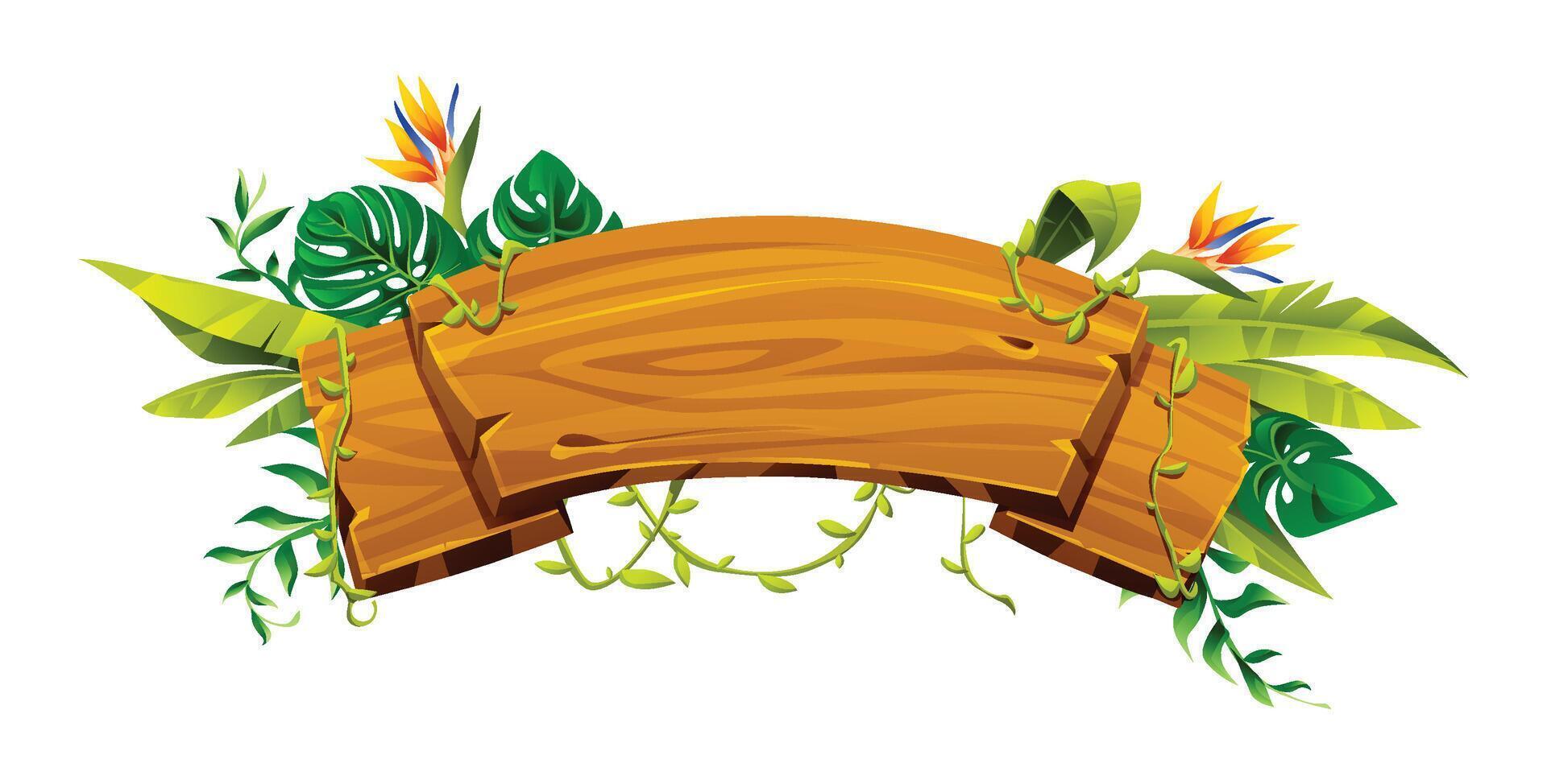 Curved wooden banner surrounded by tropical foliage and bird of paradise flower. Cartoon illustration vector