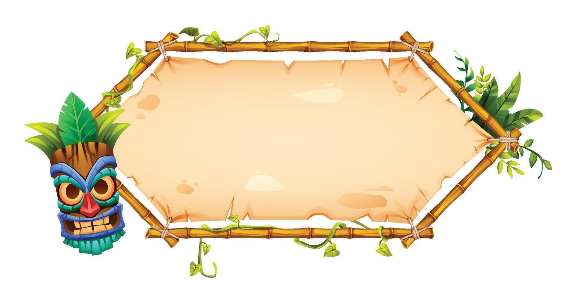 Tiki style bamboo frame with tropical vines, blank parchment, and tribal mask. Cartoon illustration vector