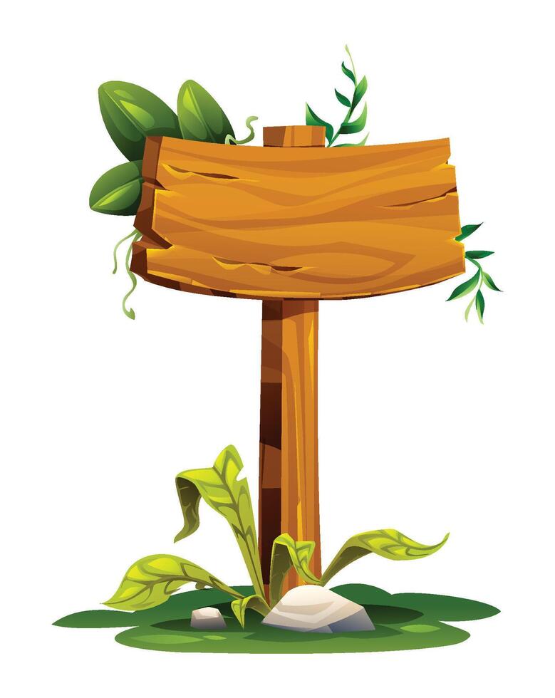 Wooden signboard surrounded by tropical greenery. Cartoon illustration vector