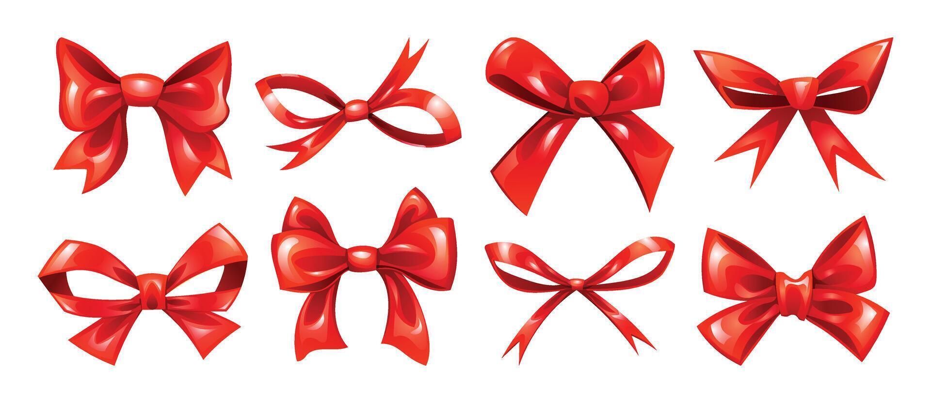 Collection of red ribbon bows in various styles, perfect for decoration and festive themes. Cartoon illustration vector