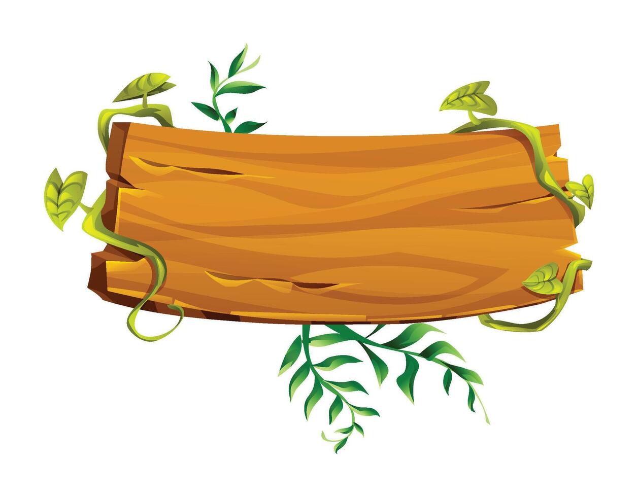 Wooden board with vines and tropical foliage on the sides. Cartoon illustration vector