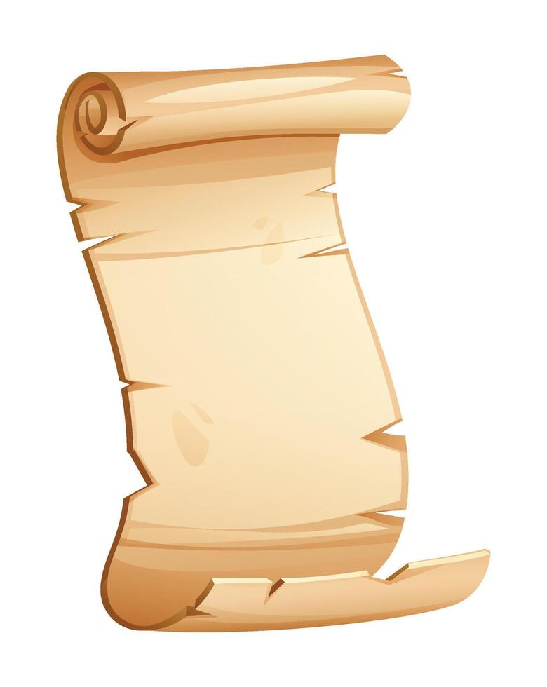 Curved aged parchment scroll with rolled top, perfect for text or design space. Cartoon illustration vector