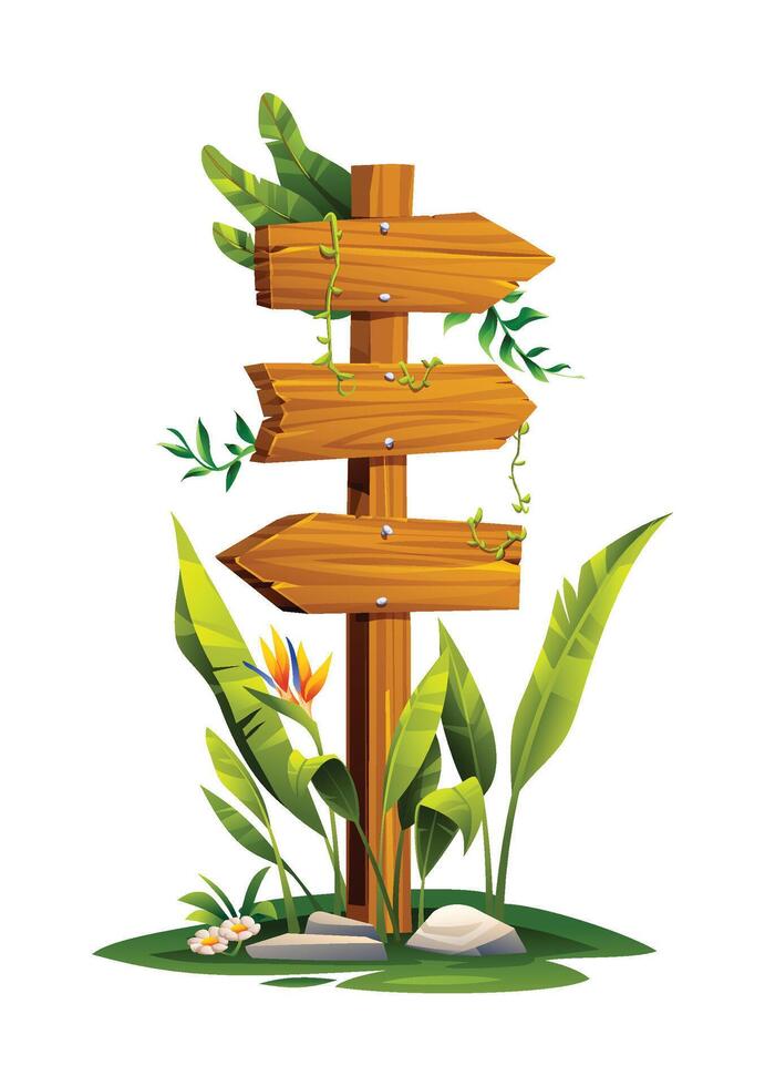 Wooden direction signpost with three arrows, surrounded by leaves and plants. Cartoon illustration vector