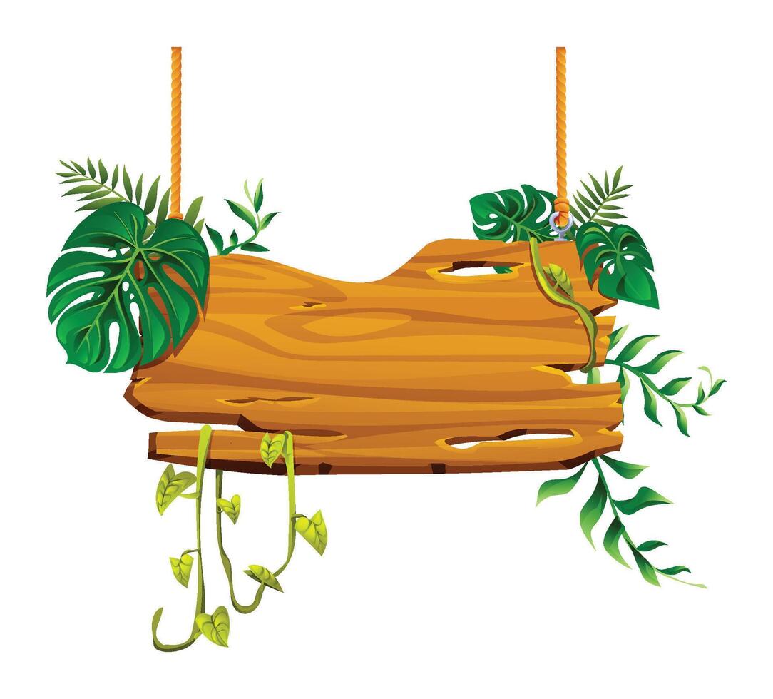 Rustic wooden hanging board adorned with monstera and vines. Cartoon illustration vector