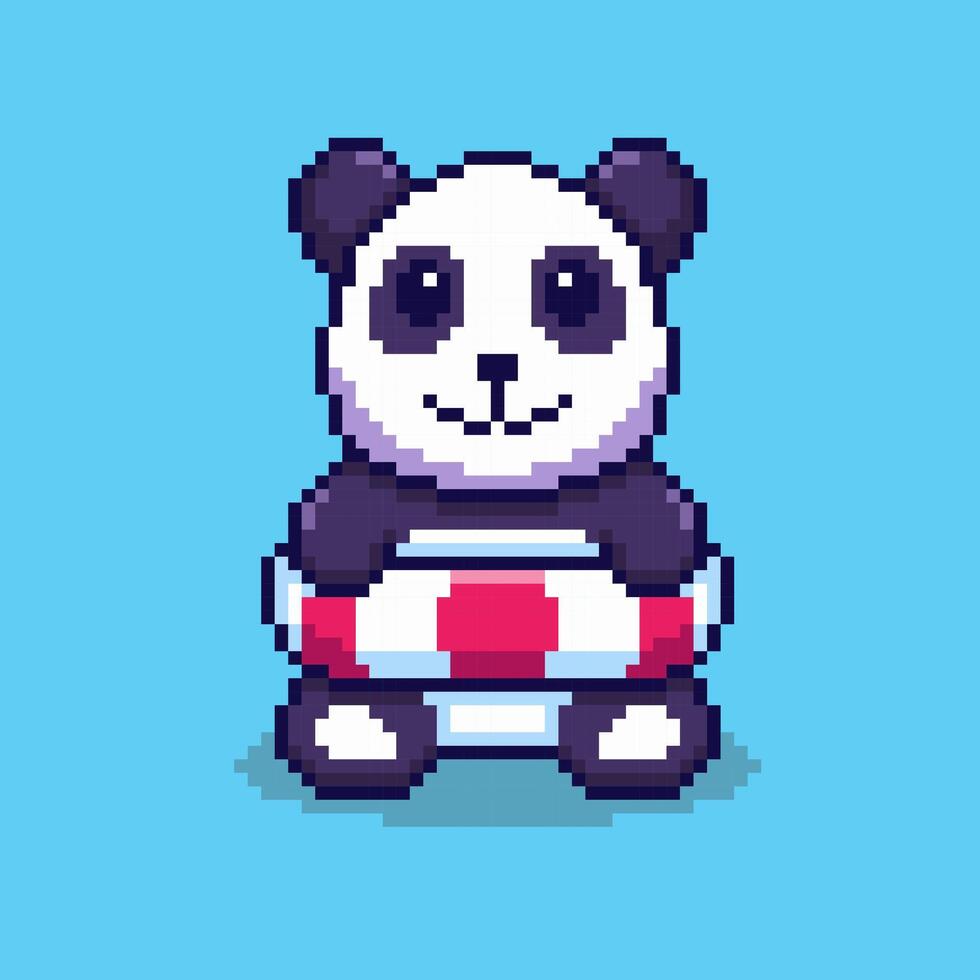 Pixel art Panda Holding Swim Ring game asset design vector