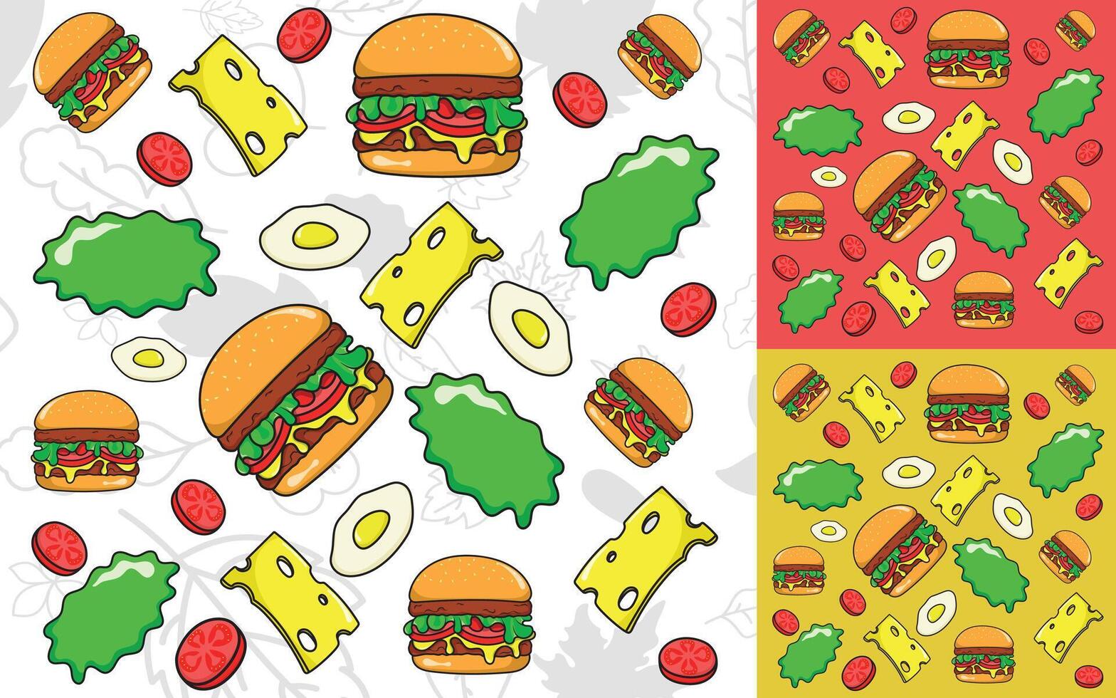a set of hamburger and cheese seamless patterns vector