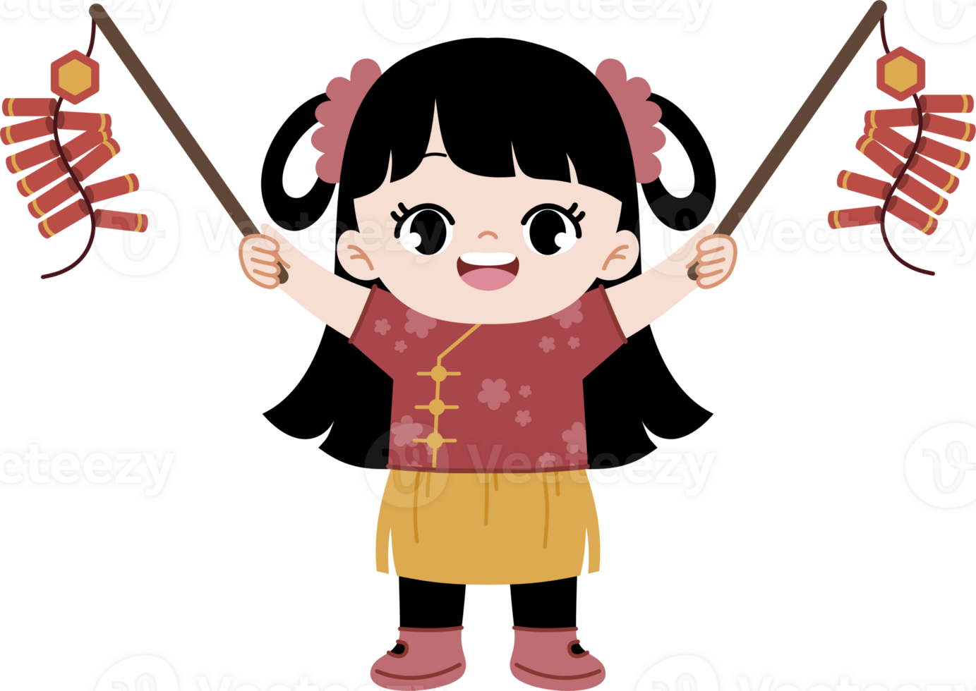 Cute kid holding firecrackers celebrating chinese new year png