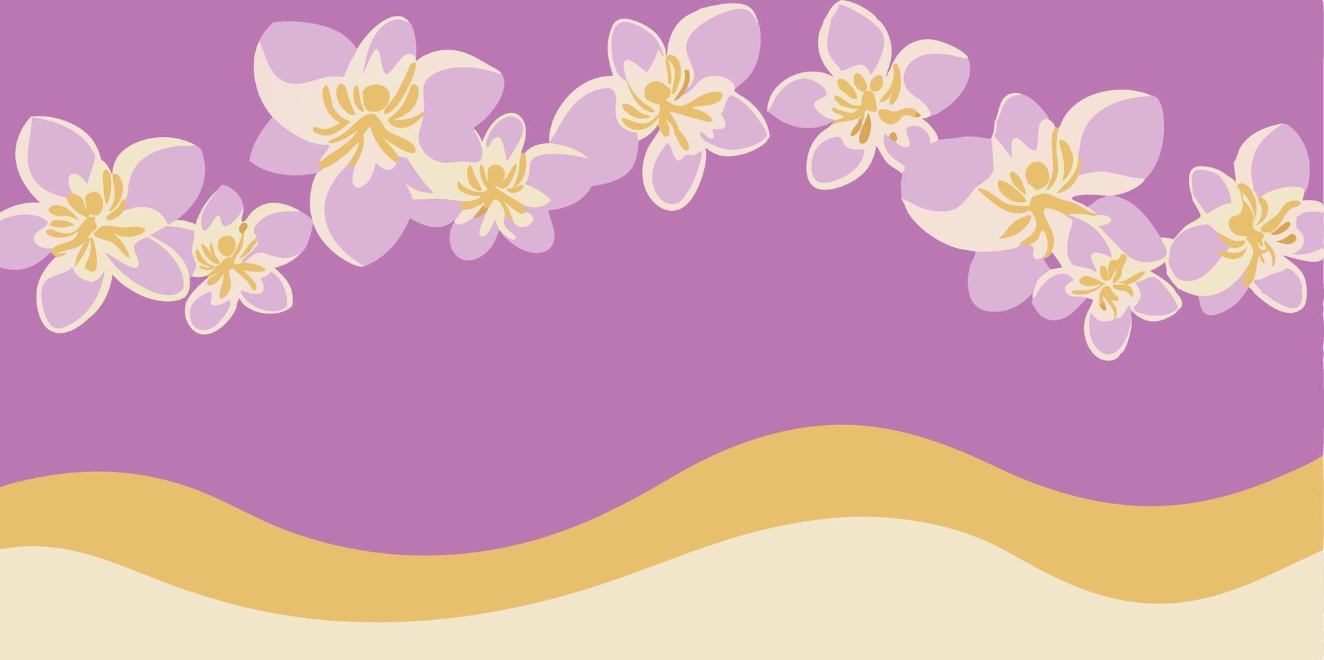 A purple background with yellow flowers and waves vector