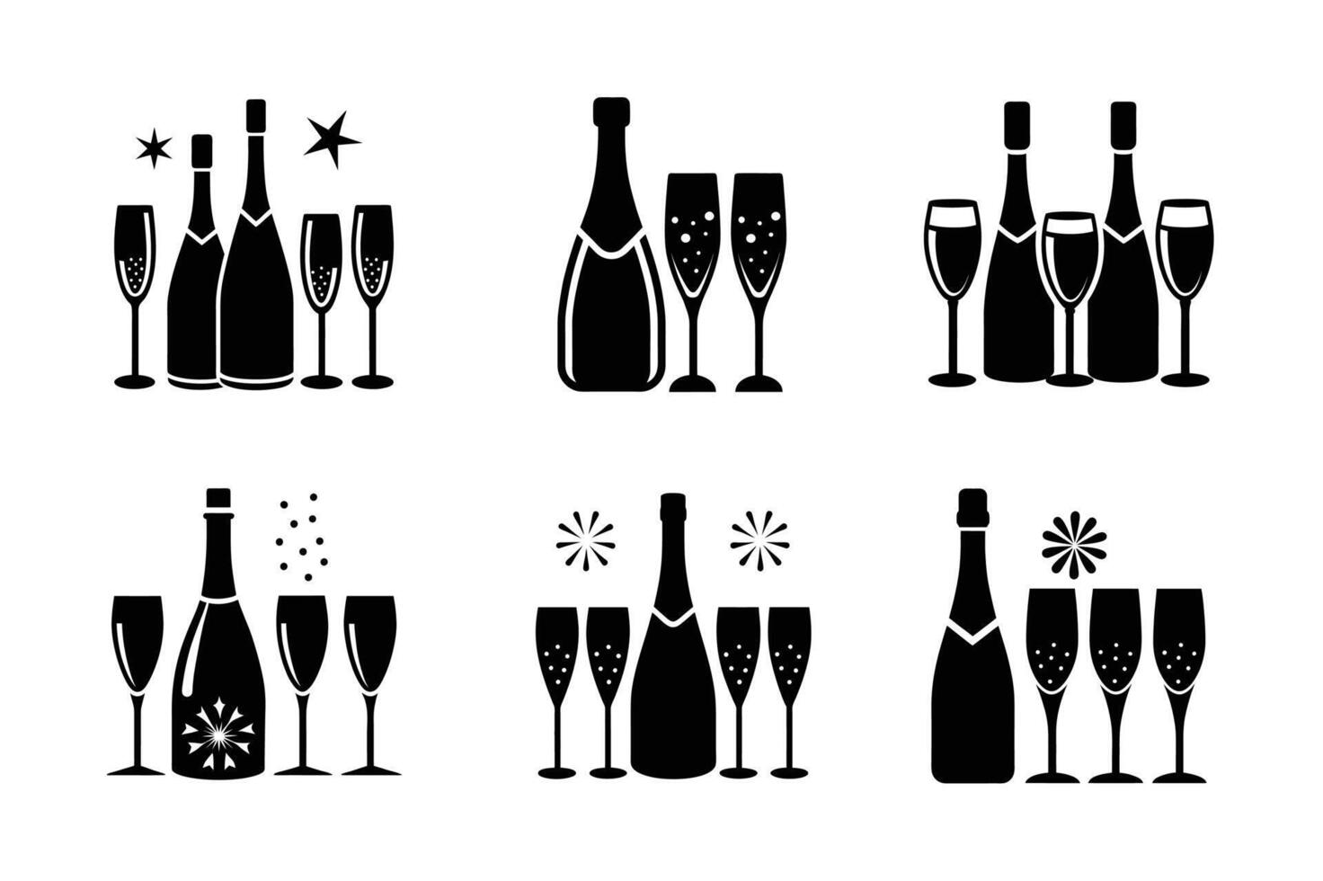 Champagne bottle and glasses icons set vector