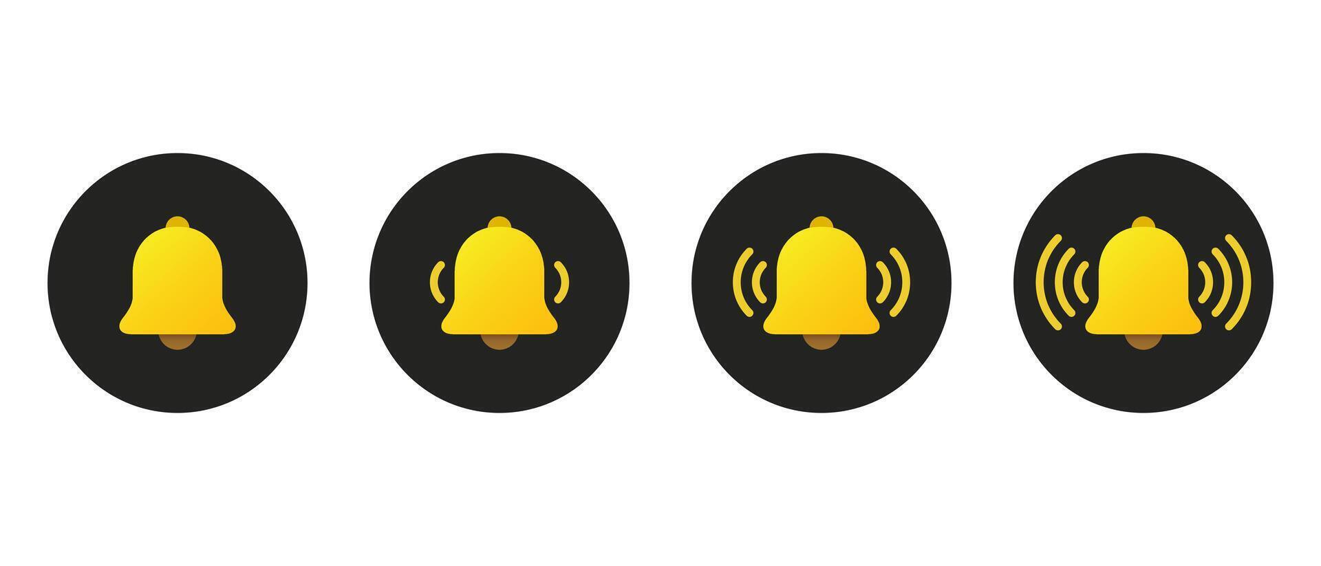 Yellow bell icon set in flat design. Notification, reminder, alarm sign symbol vector
