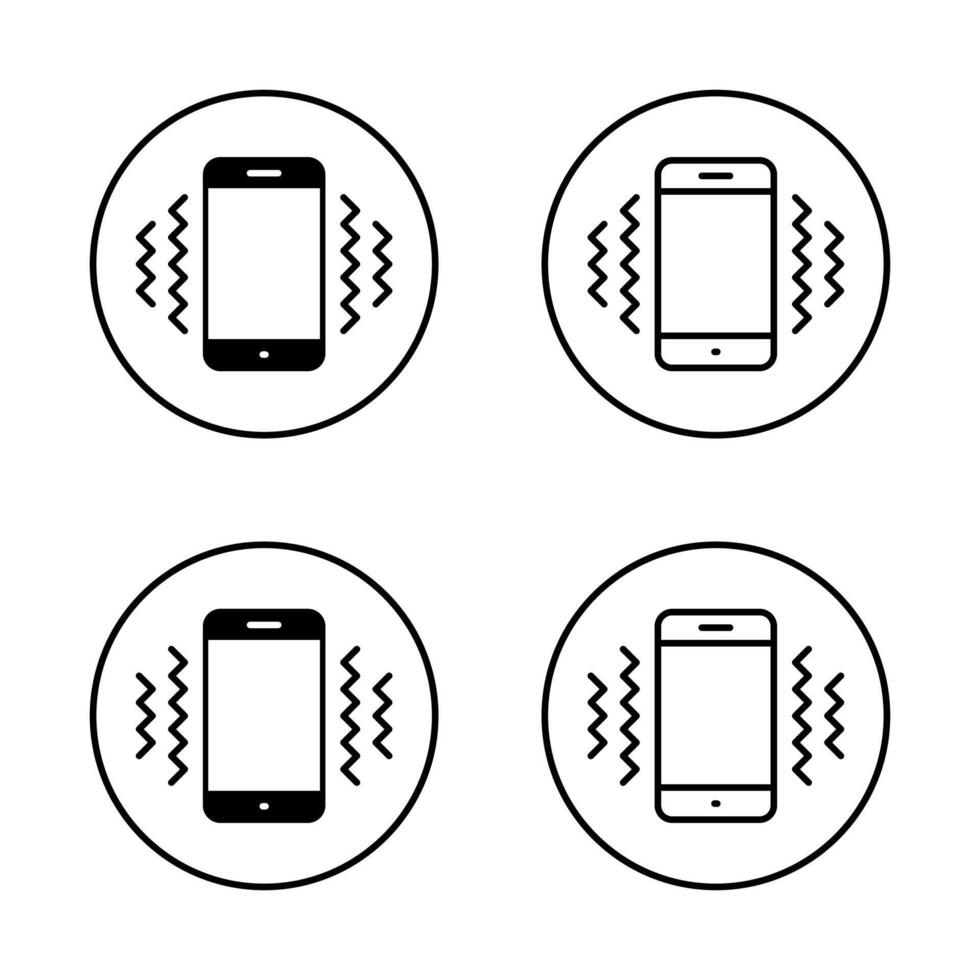 Phone vibration icon set on circle line. Cellphone vibrate sign symbol vector