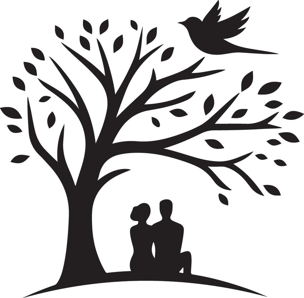 Romantic Couple Sitting Under a Tree with a Bird Silhouette vector