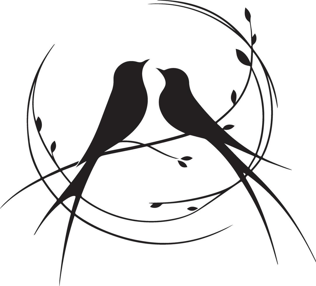 Artistic Black Silhouette of Two Birds Perched on a Branch vector