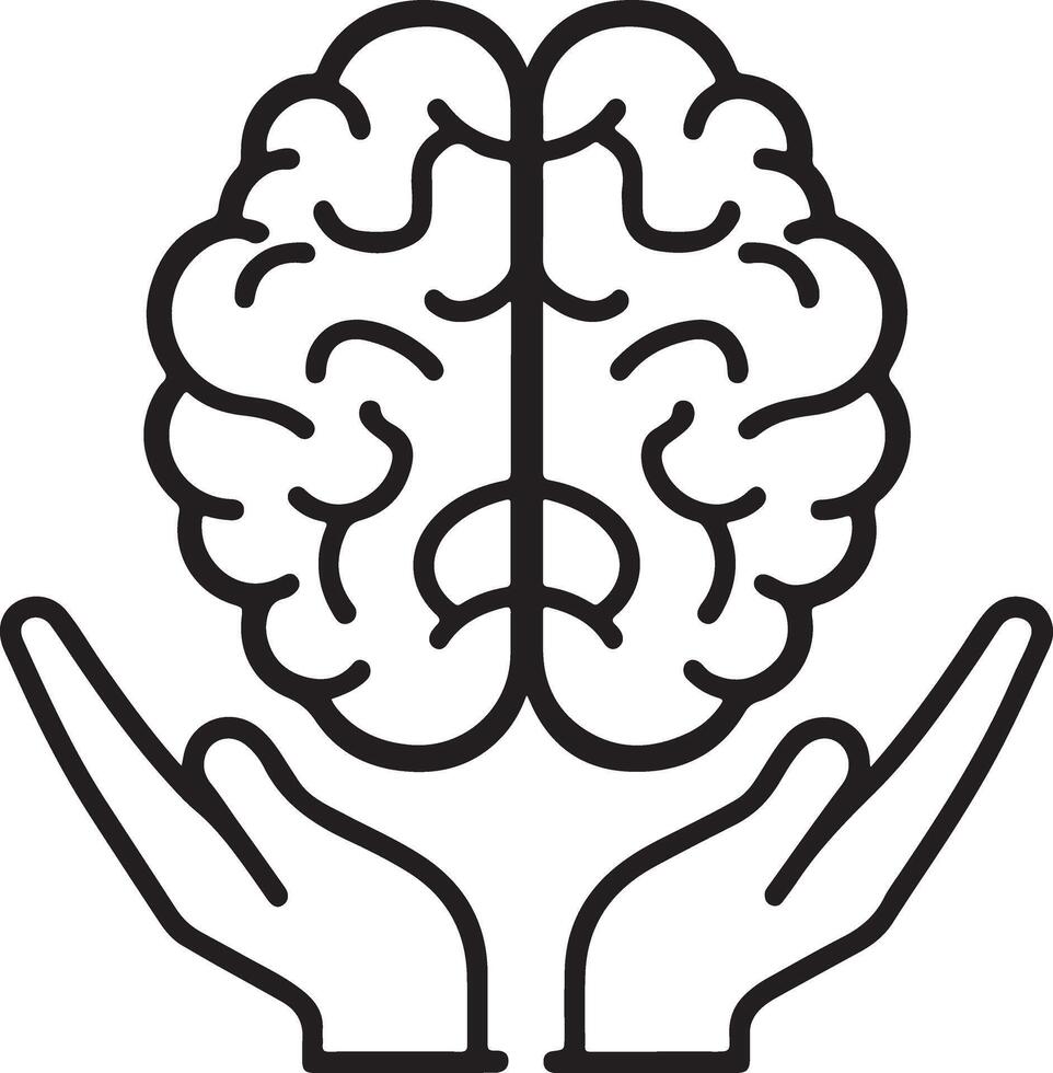 Human Brain Protected by Hands Line Art IllustrationHuman Brain Protected by Hands Line Art Illustration vector