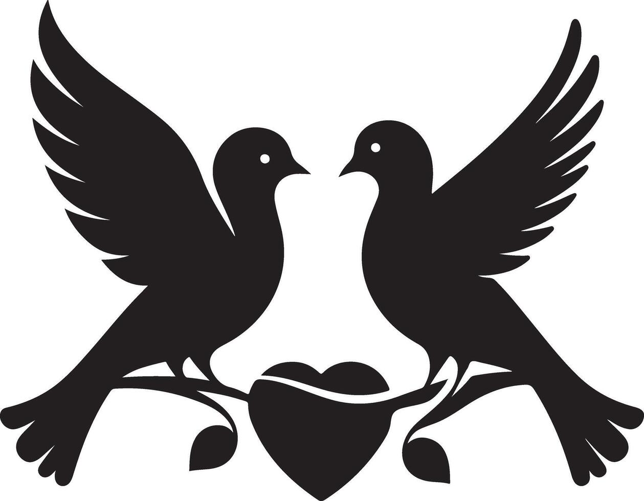 Romantic Black Silhouette of Two Doves with a Heart Illustration vector