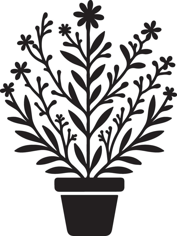 Elegant Black Silhouette Potted Plant with Delicate Flowers and Leaves Illustration vector