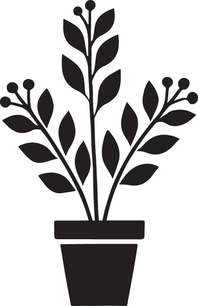 Stylish Black Silhouette Potted Plant with Simple Branching Leaves Illustration vector
