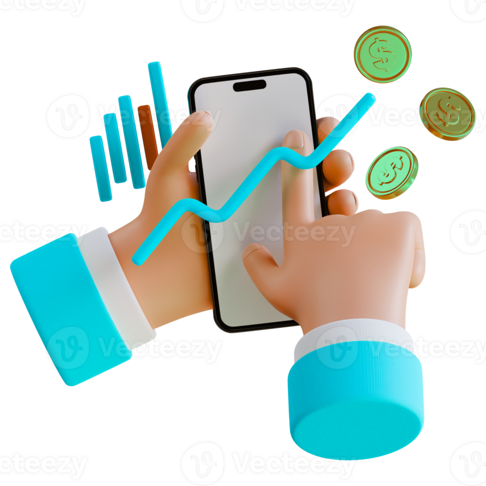 3d illustration of hands holding smartphone with money and graph png