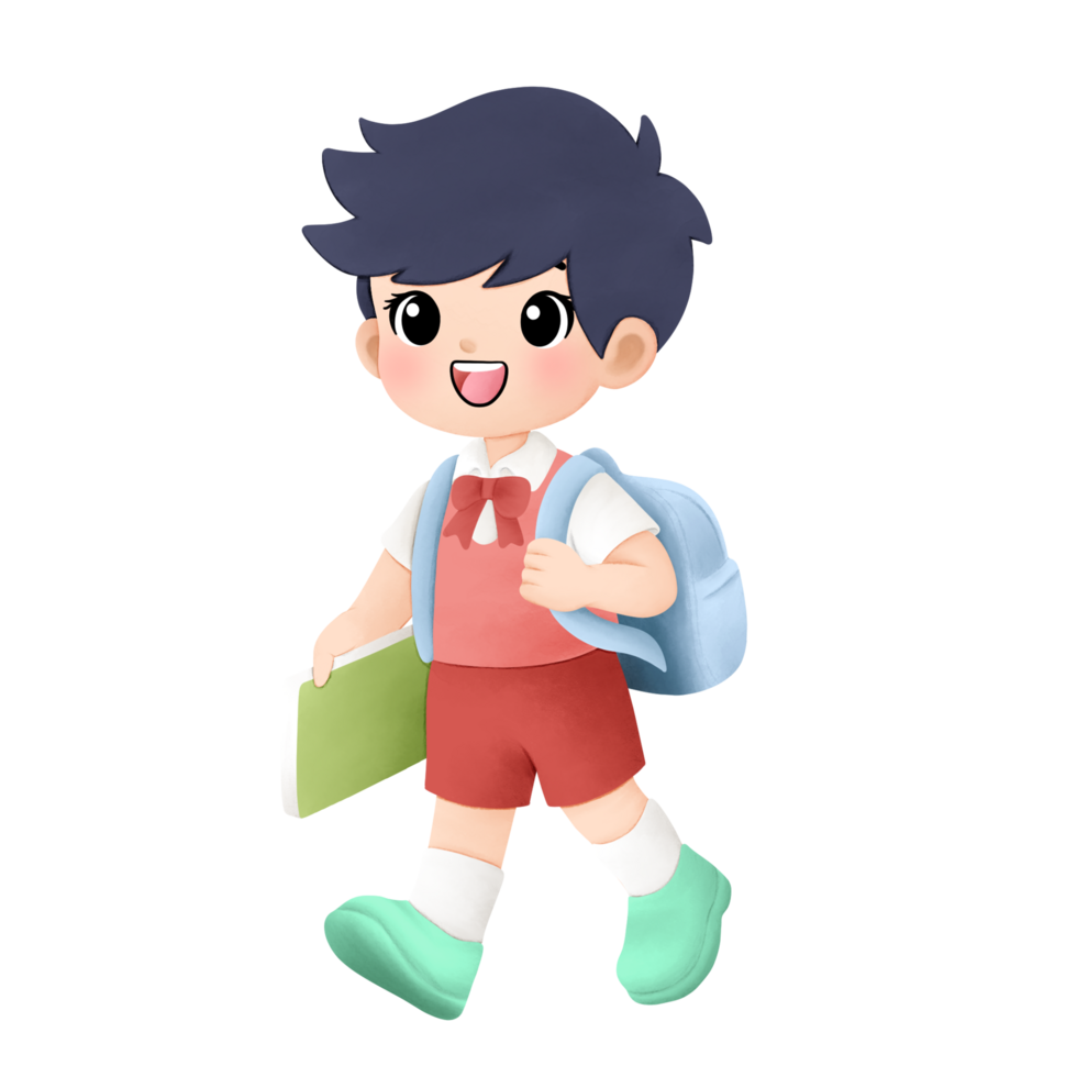 watercolor illustration of cheerful boy going to school with holding a book png