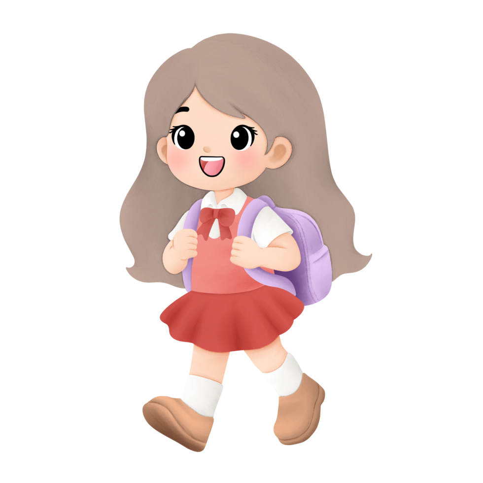 watercolor illustration of happy girl going to school png