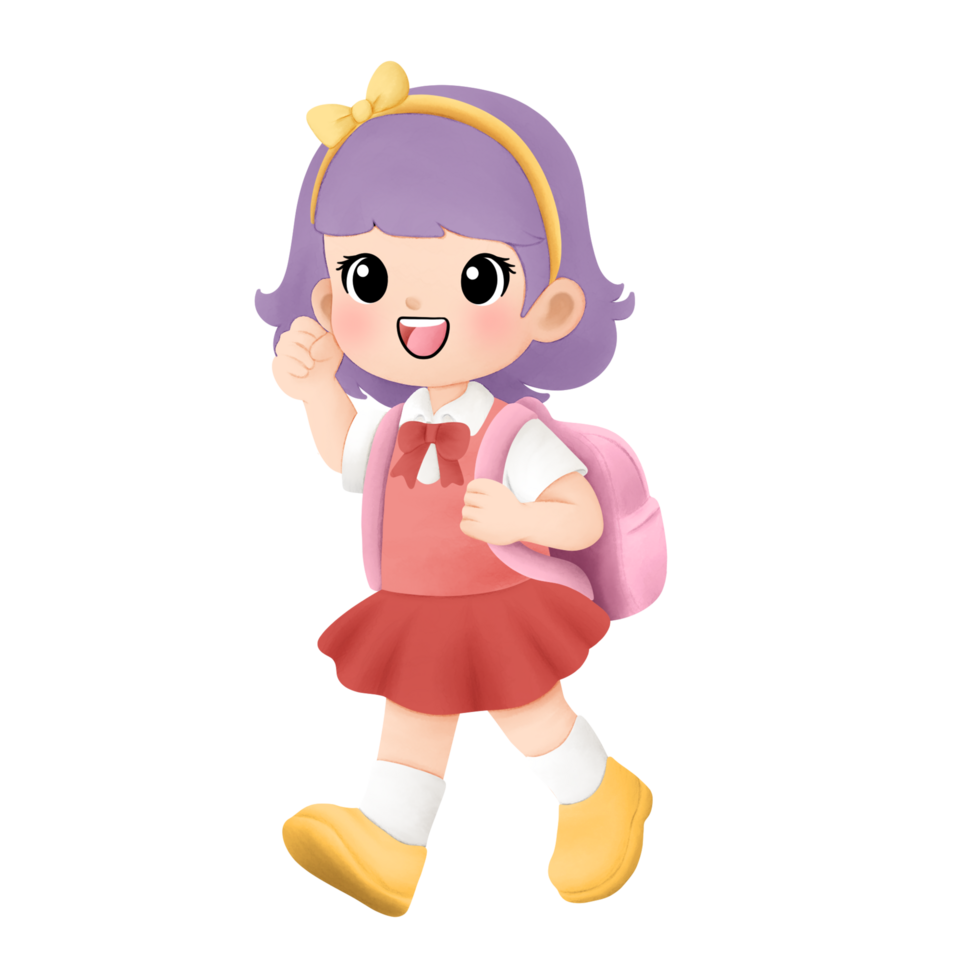 watercolor illustration of cheerful girl going to school png