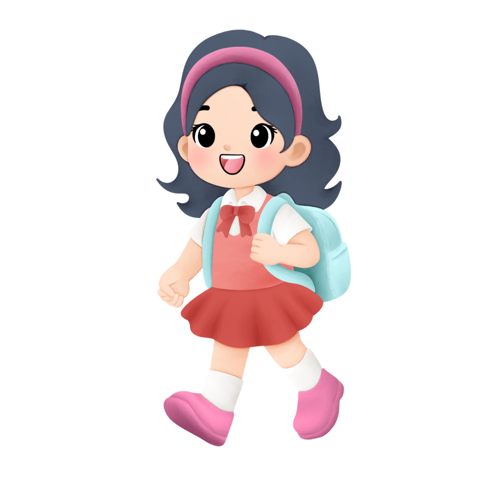 watercolor illustration of joyful girl going to school png