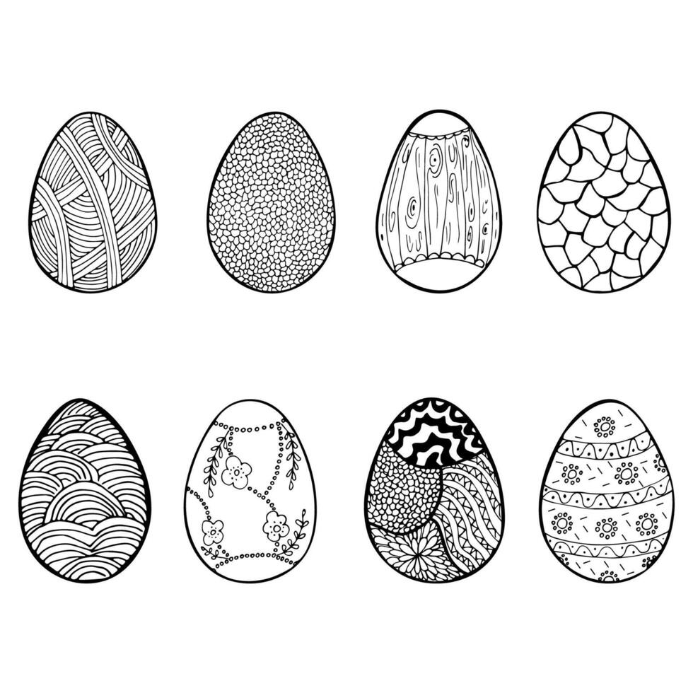 Set of Easter eggs drawn in doodle style. Black and white hand drawn. vector