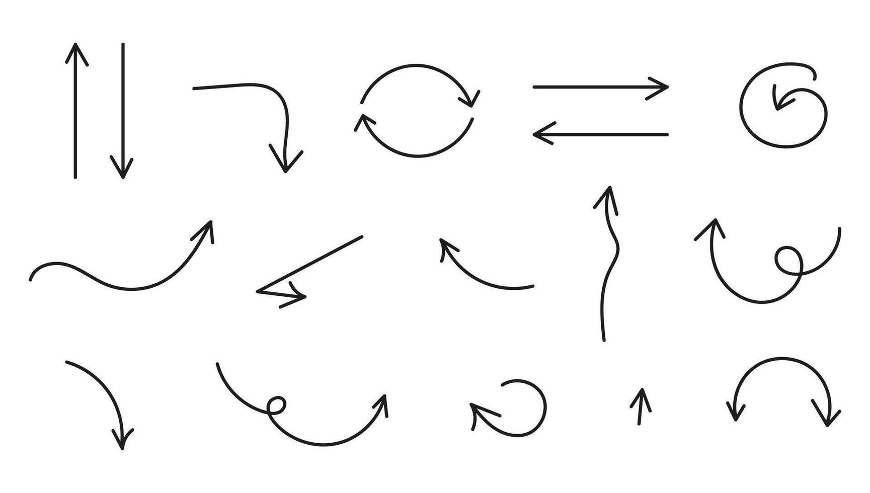 A collection of hand-drawn straight and curved arrows. Drawing with a brush. Minimalistic set. vector