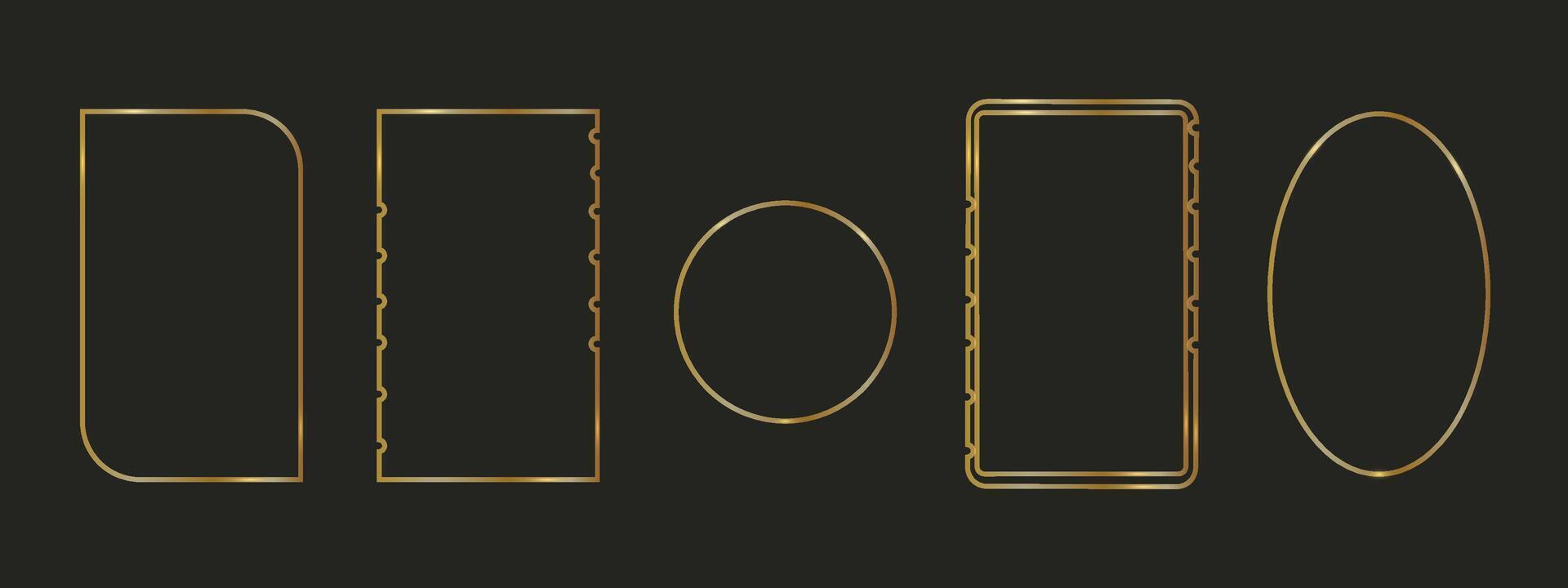 Golden geometric frames in art deco style. Design elements for wedding invitation. Linear frames isolated on black background. vector