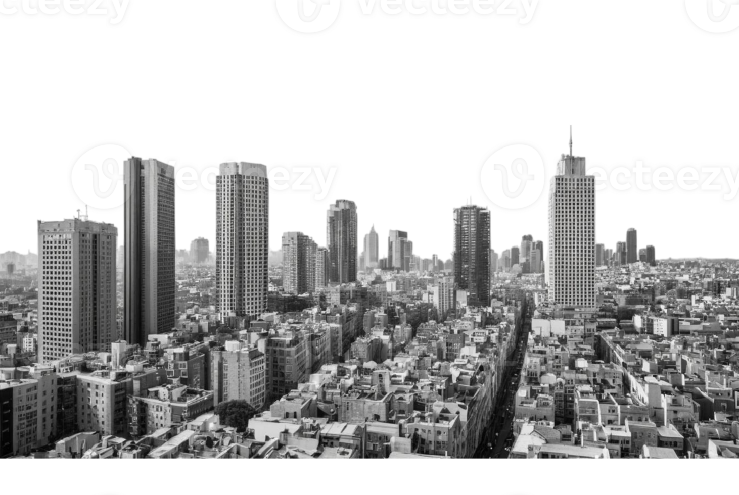 A black and white image of a cityscape with buildings at dusk png
