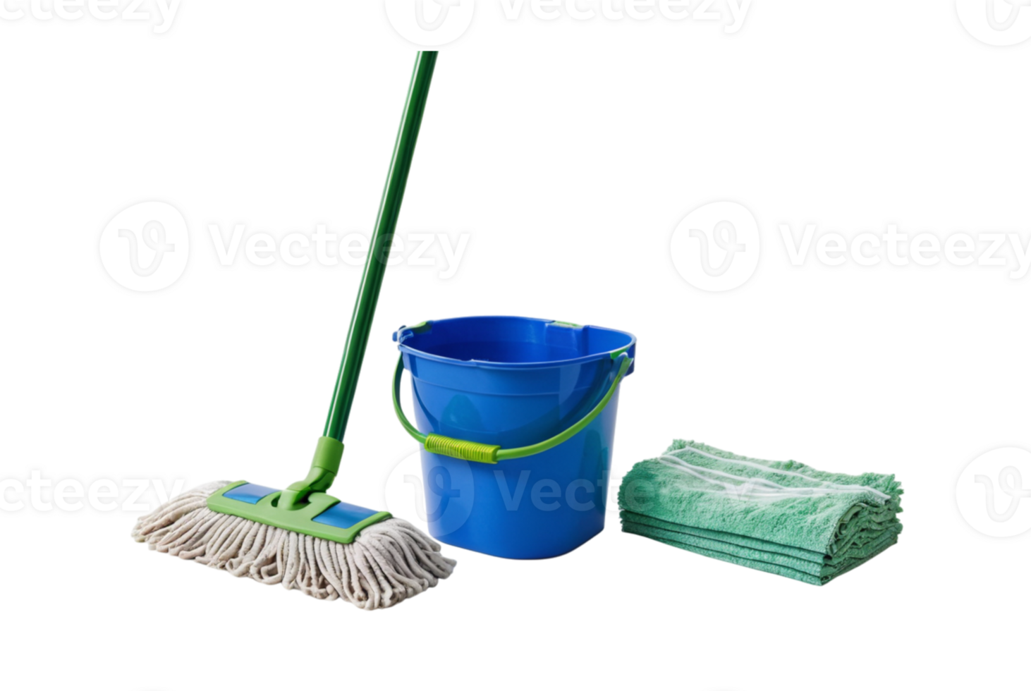 A blue bucket with a green handle sits next mop png